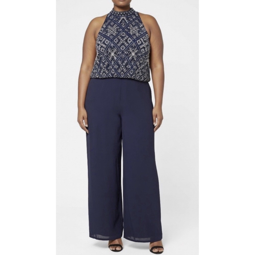 NWT Adrianna Papell Navy Blue Beaded Blouson Jumpsuit Wide Leg Palazzo 16W Plus